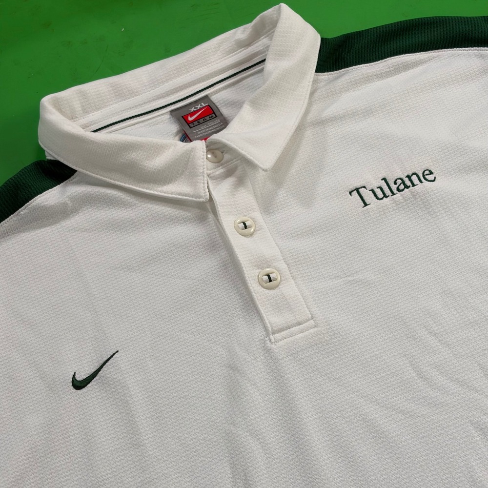 VTG Y2K Tulane Green Wave Nike Performance Polo Mens 2X White FIT-DRY Golf Shirt